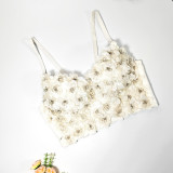 3D Flower Beaded Strap Tank Top Elegant and Elegant Short Style Detachable Shoulder Strap Bra Sexy Large Open Back Chest