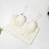 Vintage Maze Curve Embroidered Fish Bone Strap Slim Fit Open Back Elegant Shaped Top with Steel Ring Organza Bra