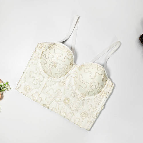 Vintage Maze Curve Embroidered Fish Bone Strap Slim Fit Open Back Elegant Shaped Top with Steel Ring Organza Bra