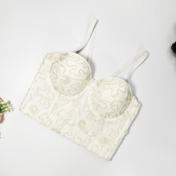 Vintage Maze Curve Embroidered Fish Bone Strap Slim Fit Open Back Elegant Shaped Top with Steel Ring Organza Bra