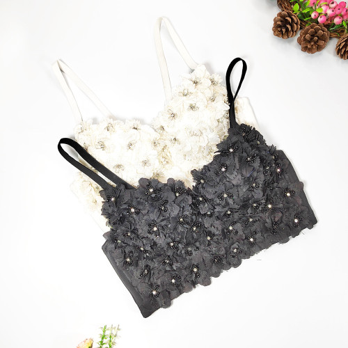 3D Flower Beaded Strap Tank Top Elegant and Elegant Short Style Detachable Shoulder Strap Bra Sexy Large Open Back Chest