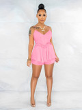 Women's suspender two-piece set of wooden ear lace up shorts set