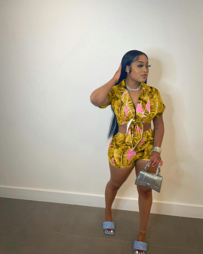 Fashion Printed Irregular Strap Short Sleeve Two Piece Set