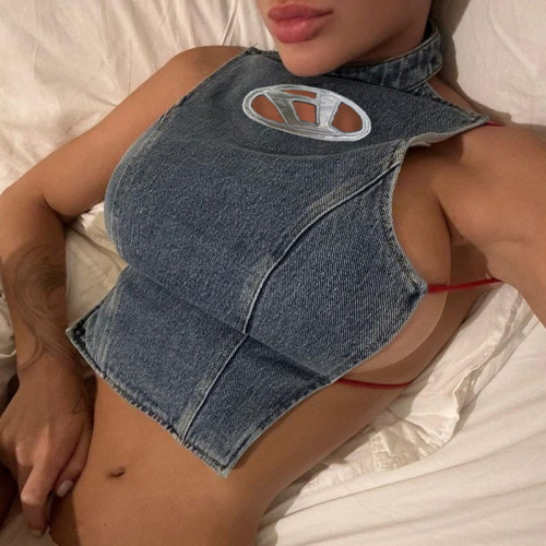 Denim neck hanging sleeveless tie up slimming casual top