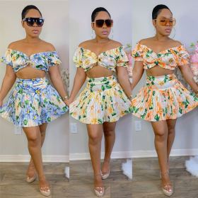 Printed ear edge short sleeved top+pleated skirt set in three colors available