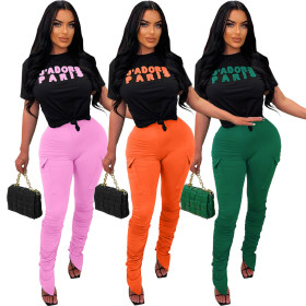 Pleated Split Pants, Terry Letter Fashion Two Piece Set