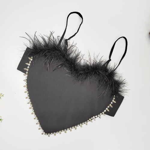 Sexy Spicy Girl Heart shaped Belly Pocket Small Tank Top Large Open Back Beaded Bra Loose Strap Spliced Feather Wrap Chest