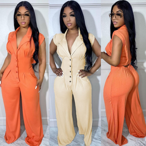 Button rubber band short sleeved standing neck wide leg jumpsuit