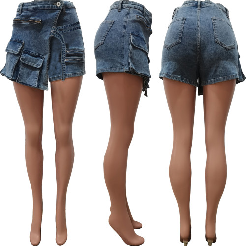 Elastic denim cargo pants zipper multi bag denim shorts