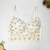 3D Flower Beaded Strap Tank Top Elegant and Elegant Short Style Detachable Shoulder Strap Bra Sexy Large Open Back Chest