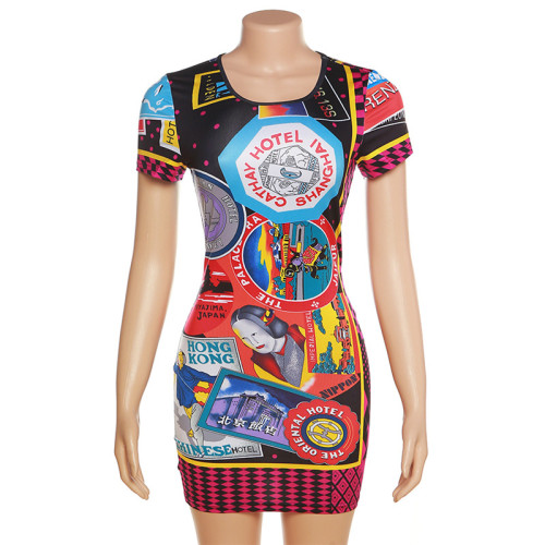Sexy Casual Contrast Printing Round Neck High Waist Tight Slim Dress