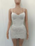 Solid color suspender jumpsuit with plush bottom dress set including chest pad