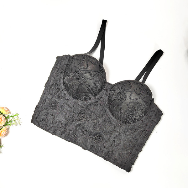 Vintage Maze Curve Embroidered Fish Bone Strap Slim Fit Open Back Elegant Shaped Top with Steel Ring Organza Bra