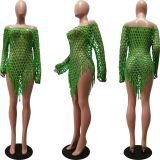 Women's hand hook tassel mesh perspective beach dress