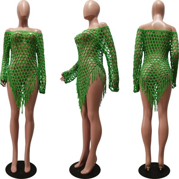 Women's hand hook tassel mesh perspective beach dress