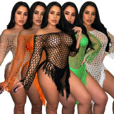 Women's hand hook tassel mesh perspective beach dress