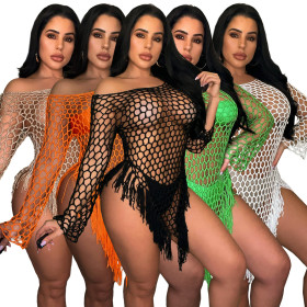 Women's hand hook tassel mesh perspective beach dress