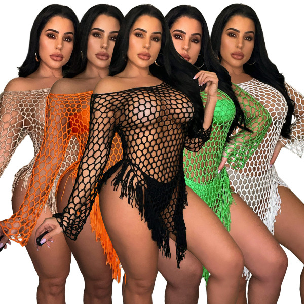 Women's hand hook tassel mesh perspective beach dress