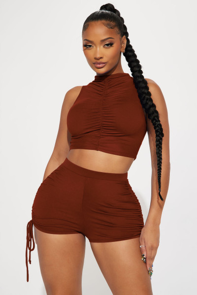 Fashion casual drawstring solid color two-piece set