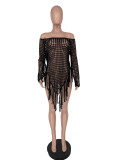 Solid Knitted Hollow Tassel Beach Skirt