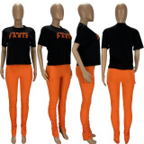 Pleated Split Pants, Terry Letter Fashion Two Piece Set