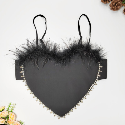 Sexy Spicy Girl Heart shaped Belly Pocket Small Tank Top Large Open Back Beaded Bra Loose Strap Spliced Feather Wrap Chest