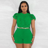 Fashion round neck shorts, slim fitting solid color jumpsuit