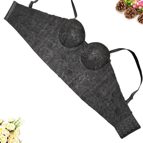 Vintage Maze Curve Embroidered Fish Bone Strap Slim Fit Open Back Elegant Shaped Top with Steel Ring Organza Bra