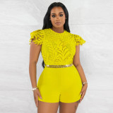 Fashion round neck shorts, slim fitting solid color jumpsuit