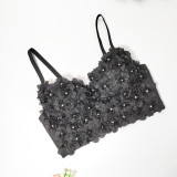 3D Flower Beaded Strap Tank Top Elegant and Elegant Short Style Detachable Shoulder Strap Bra Sexy Large Open Back Chest