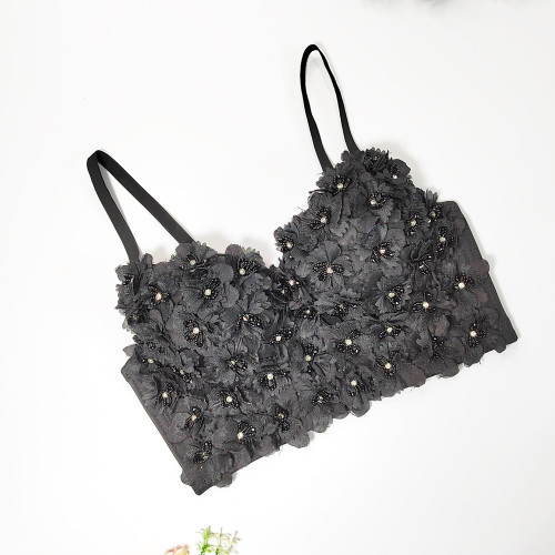 3D Flower Beaded Strap Tank Top Elegant and Elegant Short Style Detachable Shoulder Strap Bra Sexy Large Open Back Chest