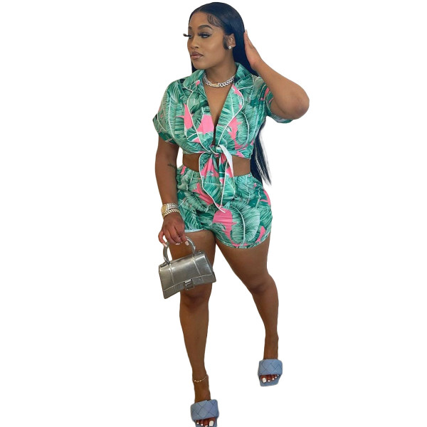 Fashion Printed Irregular Strap Short Sleeve Two Piece Set
