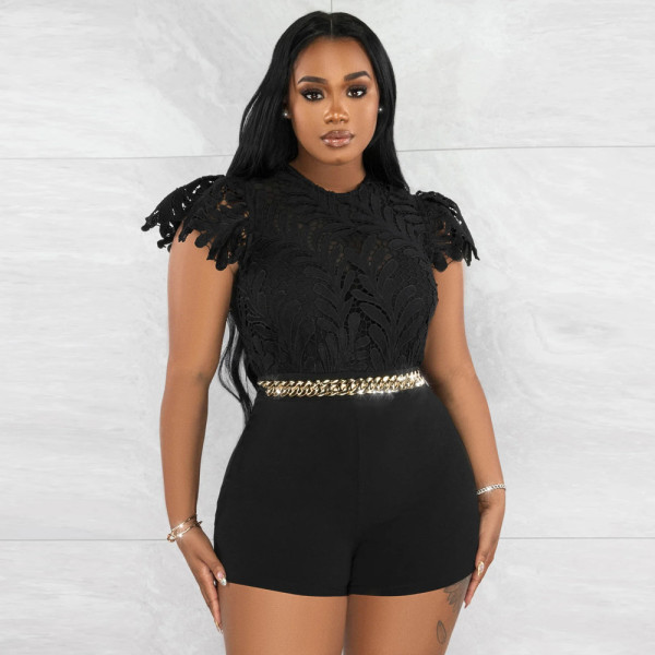 Fashion round neck shorts, slim fitting solid color jumpsuit