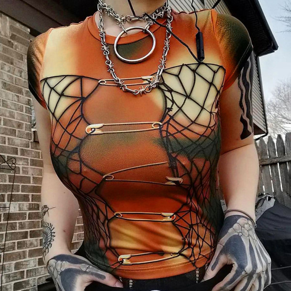 Printed tight round neck short sleeved short T-shirt top