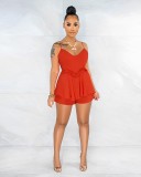 Women's suspender two-piece set of wooden ear lace up shorts set