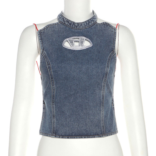 Denim neck hanging sleeveless tie up slimming casual top