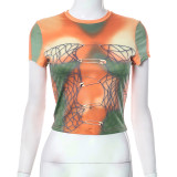 Printed tight round neck short sleeved short T-shirt top