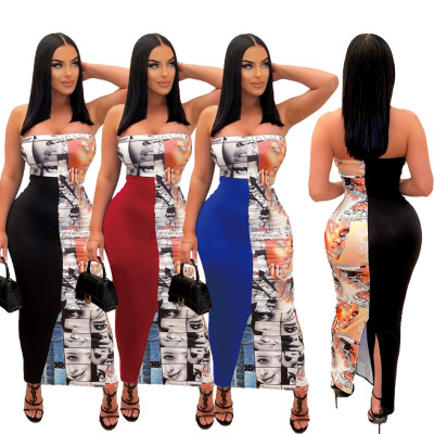 Printed Spliced Split Wrap Chest Dress