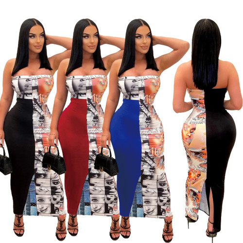 Printed Spliced Split Wrap Chest Dress