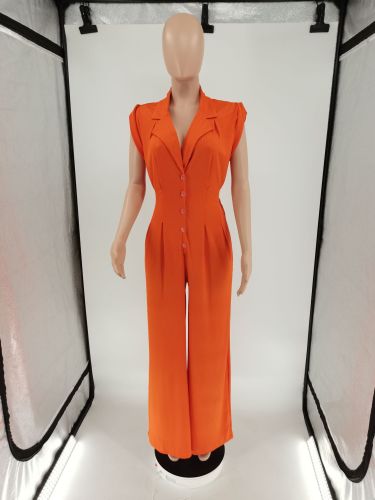 Button rubber band short sleeved standing neck wide leg jumpsuit