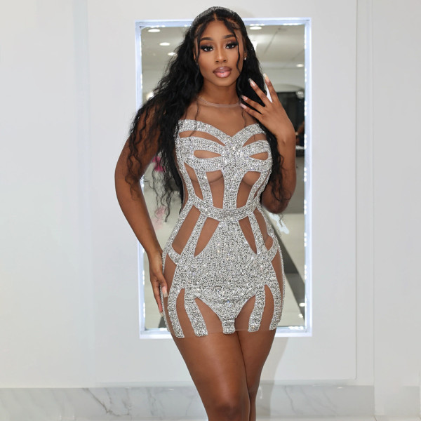 Fashion Nightclub Diamond Mesh Perspective Round Neck Dress