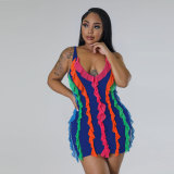 Solid mesh perspective chest wrap pleated irregular short skirt dress