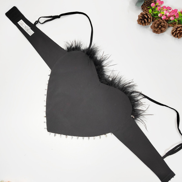 Sexy Spicy Girl Heart shaped Belly Pocket Small Tank Top Large Open Back Beaded Bra Loose Strap Spliced Feather Wrap Chest