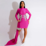Fashionable round neck solid color long sleeved dress with floor sweeping skirt hem and three-dimensional floral design at the waist