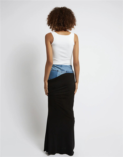 Long denim skirt with black pleated stitching design