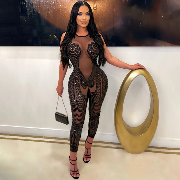 Sexy Sleeveless Round Neck Perspective jumpsuit Polyester Mesh Spliced Beaded Slim Fit Pants