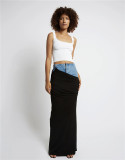 Long denim skirt with black pleated stitching design