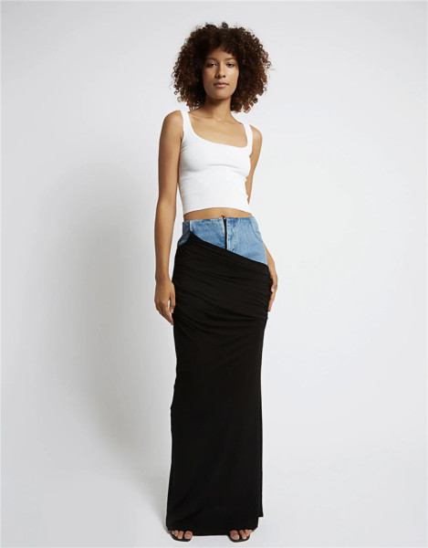 Long denim skirt with black pleated stitching design