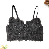 3D Flower Beaded Strap Tank Top Elegant and Elegant Short Style Detachable Shoulder Strap Bra Sexy Large Open Back Chest