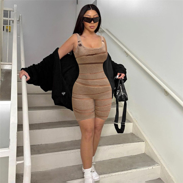 Sexy Mesh Spliced Knitted Solid High Waist Tight Casual jumpsuit